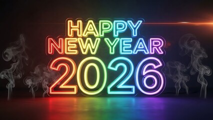 Vibrant Happy New Year 2026 Neon Sign Wishes for Joy and Success, Celebrating the New Year with Colorful Light and Anticipation of a Fresh Start