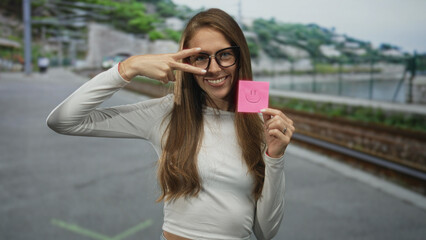 Fototapeta premium Woman holding pink sticky note with smile while flashing peace sign at street platform; playful happiness.