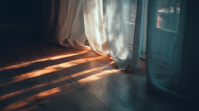 Sunlight streams through translucent fabric creating parallel light beams across wooden flooring