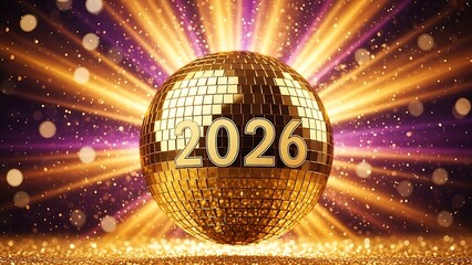 Sparkling 2026 New Year celebration with glimmering golden disco ball and confetti, perfect for festive invitations and party announcements