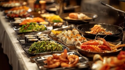 Obraz premium A lavish buffet offers an array of dishes, including sushi, seafood, salads, and desserts, beautifully presented in a lively restaurant setting during dinner time.
