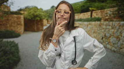 Young hispanic woman doctor with stethoscope and hand on chin on a stone street, pensive facial...