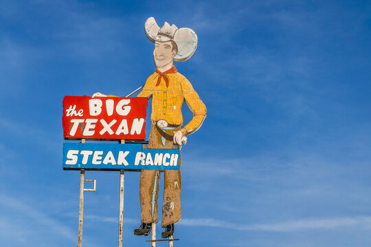 Amarillo, TX, US - November 15, 2025:   Sign Reading Big Texan Steak Ranch which is home of the 72 oz steat in southwestern United States.