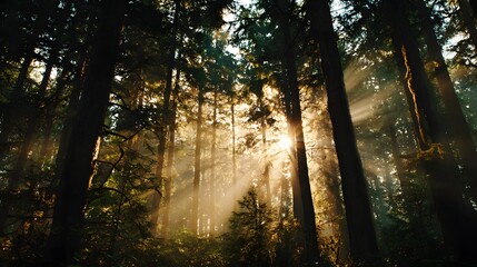 Sunlight streams through the dense canopy of tall, dark forest trees creating atmospheric rays
