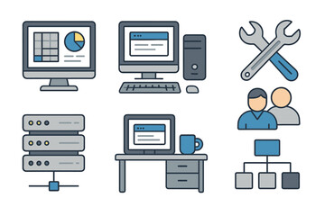 Colorful line icons of technology and office equipment