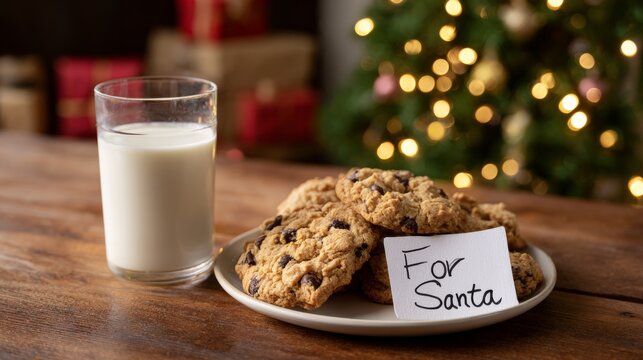 Handwritten note for Santa beside homemade chocolate chip cookies and milk on wooden table with Christmas tree and warm fairy lights
