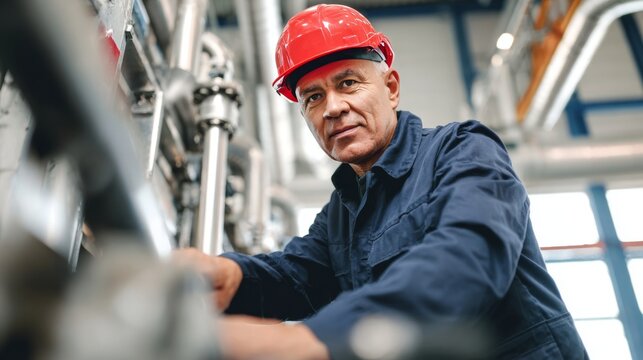 Older male factory worker in navy blue uniform and red hard hat repairing machinery in industrial setting with textured metallic surfaces and natural light