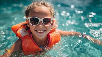 Fototapeta premium Smiling girl in white sunglasses wearing an orange flotation vest, enjoying playful summer moments in turquoise seawater with sparkling highlights