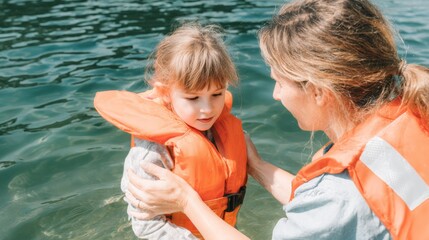Parent adjusting child's flotation jacket by the water, warm sunlight reflecting off the surface, creating a safe and inviting atmosphere