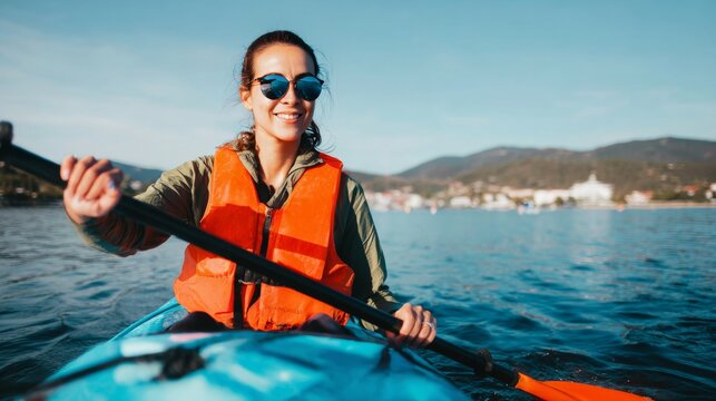 Cheerful kayaker paddling across tranquil waters, vibrant safety vest contrasting with serene blue tones, capturing outdoor adventure spirit