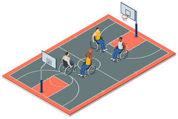 Isometric illustration of four wheelchair basketball players on an outdoor court, preparing for a play. Adaptive sports, teamwork, inclusion and athletic action shown from above.