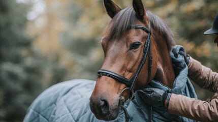 Rider gently placing a cozy blanket over a horse in soft evening light, showcasing the bond between animal and caretaker in a serene setting