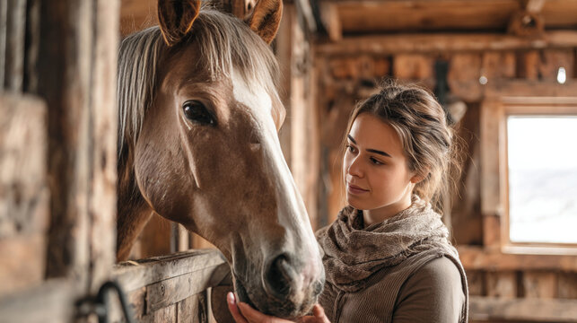 Young woman gently brushing horse's mane in rustic stable, warm natural light creating a serene atmosphere of connection and care - Powered by Adobe