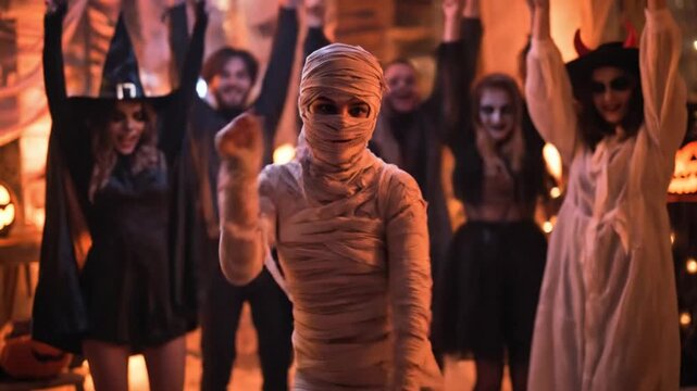 Kid in a mummy costume with wrapped bandages on Halloween party. Creepy masquerade event for trick or treat. Children's spooky holiday celebration.