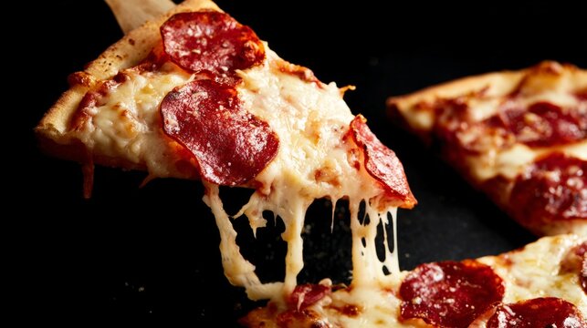 Cinematic close-up of hot pepperoni pizza slice with melting cheese, showcasing rich textures and warm lighting for a comforting family meal