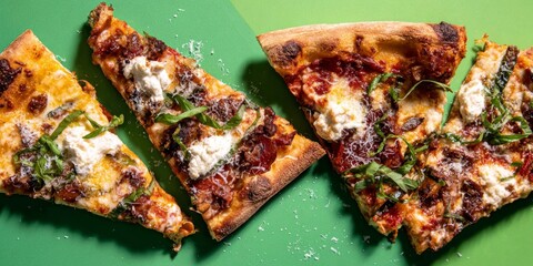 Multiple slices of delicious pizza arranged creatively on a vibrant green background, showcasing textures and flavors for national pizza day celebration