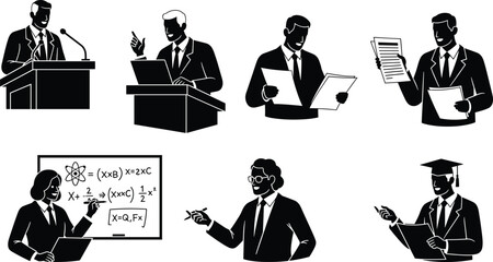 Businessman giving presentation, professional speaker, man with documents, lecture podium, teaching math formulas, graduation, corporate training, confident speaker, public speaking event