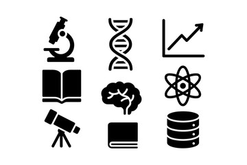 Science and technology icon set: microscope, dna, graph, brain, telescope, atom, database