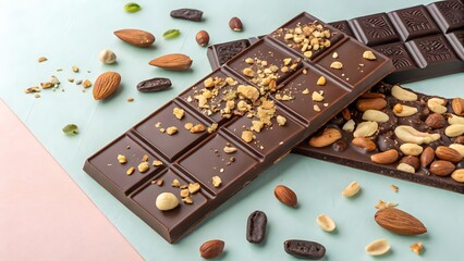 Close up of two chocolate bars with nuts and almonds on a light blue and pink background surface