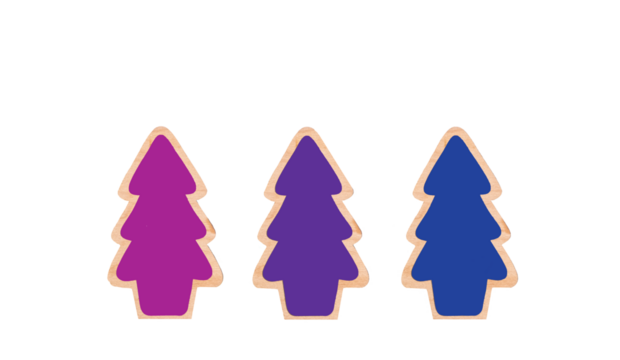 Set of three geometric mosaic Christmas trees in blue, purple, and magenta hues on a transparent background. 
 - Powered by Adobe