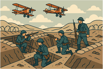 Fototapeta premium World war i soldiers in trench warfare scene with airplanes in vintage style