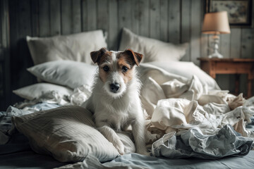 Parson Jack Russel Terrier in einem Bett mit vielen Kissen