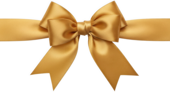 Horizontal shiny golden satin ribbon bow isolated on transparent background png