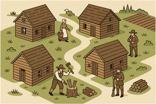 Retro village life with rustic log cabins and pioneers in an isometric pastoral setting