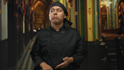 Obraz premium Man chef in black uniform with hands at waist and eyes closed standing inside church building; contemplation.
