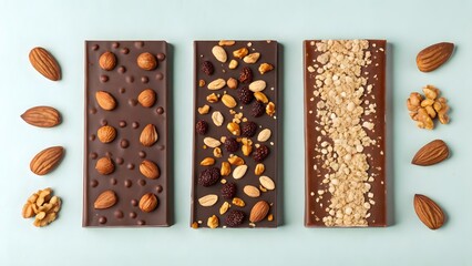 Three chocolate bars with nuts and dried fruits on a light blue background in a flat lay style