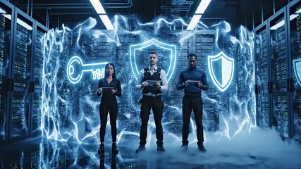 Three Cybersecurity Experts Engage with Advanced Technology in a High-Tech Data Center, Featuring Server Racks, Digital Shields, and Innovative Security Concepts.. - Powered by Adobe