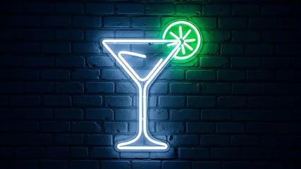 Wandcirkels Bar Neon Martini Glass and Lime Slice on Brick Wall Display of Cocktail Lounge Advertisement or Bar Decor Symbolizing Nightlife and Refreshments  © IMAGE STORE