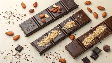 Three dark chocolate bars with different toppings like nuts and seeds on a light background surface