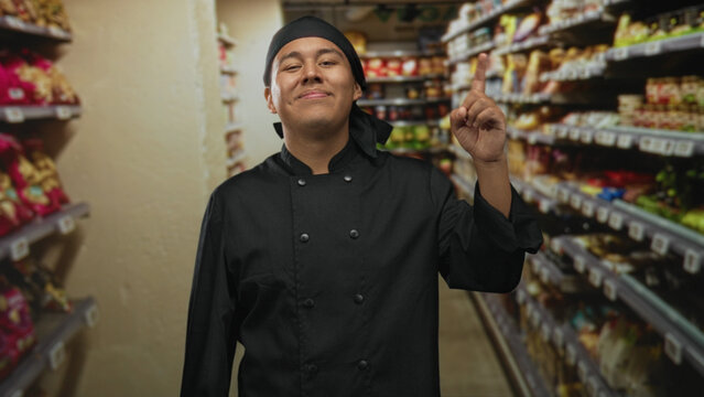 Man chef in black uniform points finger up in supermarket grocery aisle building while smiling at camera and gesturing to shelves; pride.