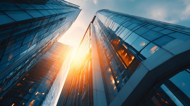Modern glass skyscrapers reaching toward a bright sky with lens flare
