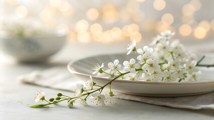 Close up of white blossoms on a plate with a bowl and bokeh background creating a soft aesthetic