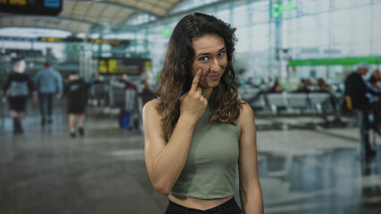 Fototapeta premium Hispanic young woman pointing finger to cheek in busy modern airport terminal awaiting departure; quiet reflection.