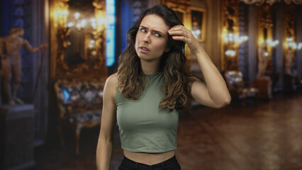 Hispanic woman touching wavy hair and adjusting loose strands in ornate building; introspection serenity.