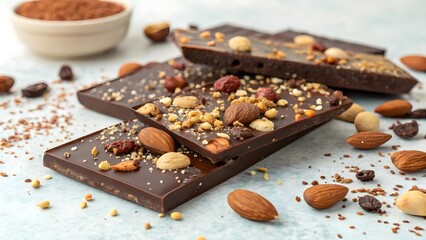 Close up of chocolate bars with nuts and a bowl of cocoa powder in a bright and airy setting