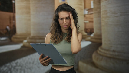Young hispanic woman with clipboard touches temple on cobblestone street in old town; stress confusion.