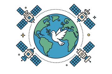 Obraz premium Peaceful world: dove with olive branch and satellites surrounding earth