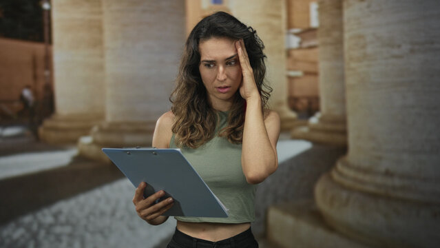 Young hispanic woman with clipboard touches temple on cobblestone street in old town; stress confusion. - Powered by Adobe