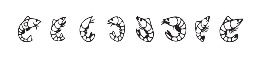 Shrimp icon set, shrimp silhouette sea animal symbol, seafood icons featuring shrimp, vector illustration EPS 10.