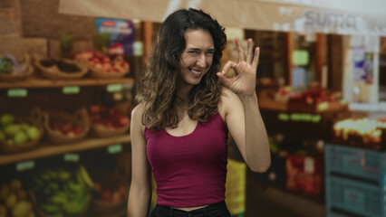 Woman making ok sign amid stall of fresh fruit in front of wooden baskets of apples at outdoor market; approval confidence.