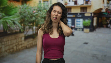 Fototapeta premium Woman in red tank top holding neck in urban street with pained expression and slight grimace; discomfort stress.