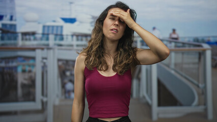 Woman in pink tank top shielding forehead while sweating on boat railing on street under hot sun; fatigue.