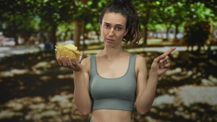 Woman in gray sports bra points finger at bowl of crispy chips in green forest; hesitation craving.