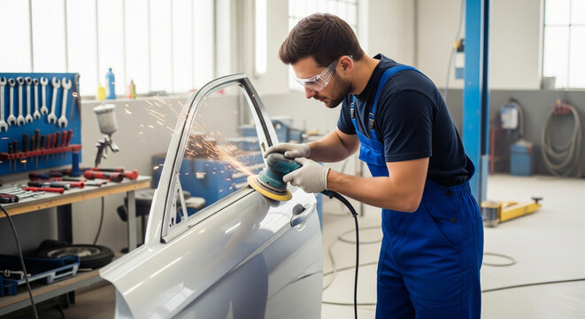Auto technician sanding car body panel in workshop before painting work