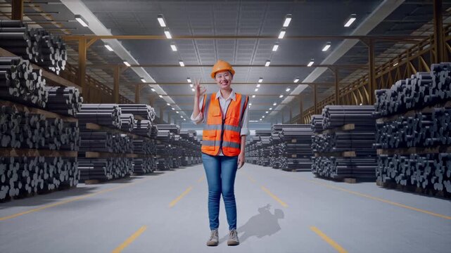 Full Body Of Asian Female Engineer With Safety Helmet Smiling And Showing Okay Gesture To The Camera While Standing at Warehouse of Rolled Steel Metal Bars, Rods or Billets