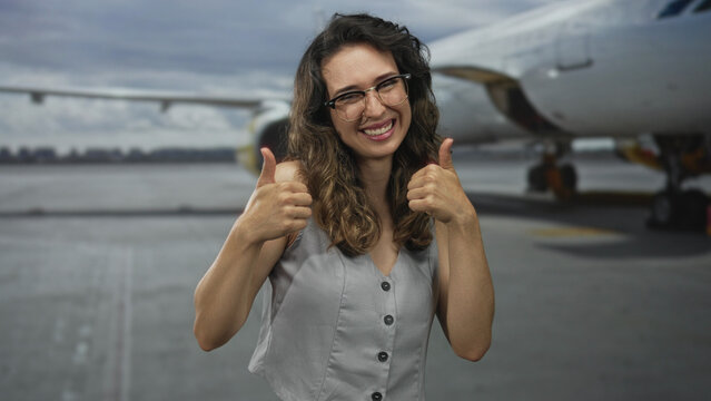 Hispanic woman wearing glasses gives thumbs up at airport terminal under grey cloudy sky; optimism.